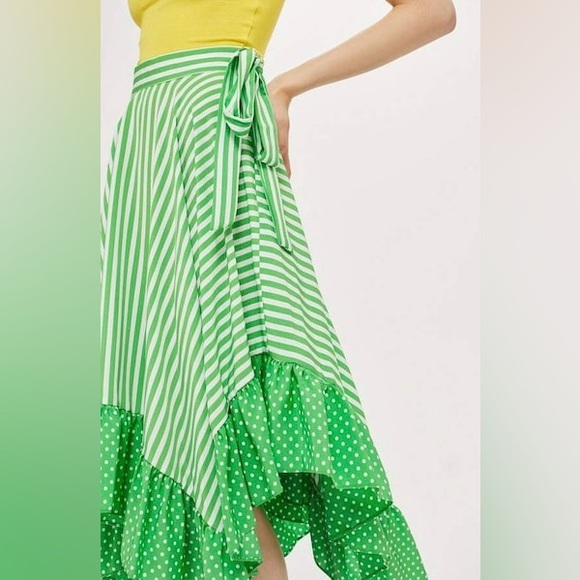 Topshop white and green polka dots and stripes asymmetrical ruffle midi skirt - Picture 5 of 10